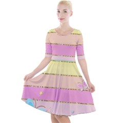 Pastel, Butterfly, Spring, Stripes, Quarter Sleeve A-line Dress With Pockets