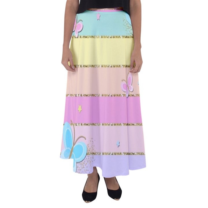 Pastel, Butterfly, Spring, Stripes, Flared Maxi Skirt