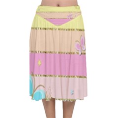 Pastel, Butterfly, Spring, Stripes, Velvet Flared Midi Skirt