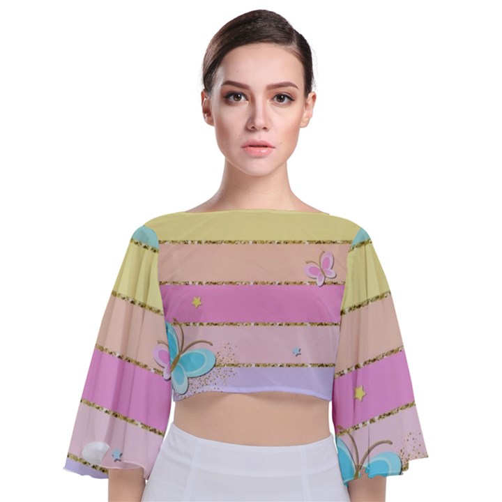 Pastel, Butterfly, Spring, Stripes, Tie Back Butterfly Sleeve Chiffon Top