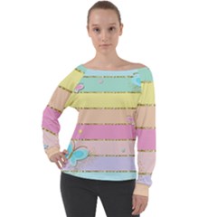 Pastel, Butterfly, Spring, Stripes, Off Shoulder Long Sleeve Velour Top by kyorashop23