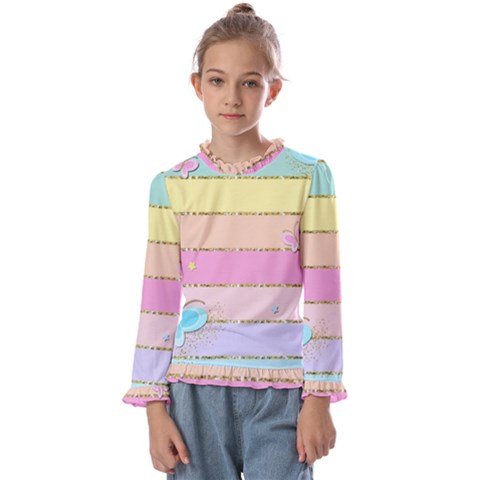 Pastel, Butterfly, Spring, Stripes, Kids  Frill Detail T-shirt by kyorashop23