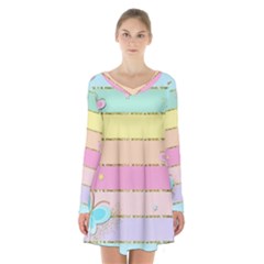 Pastel, Butterfly, Spring, Stripes, Long Sleeve Velvet V-neck Dress