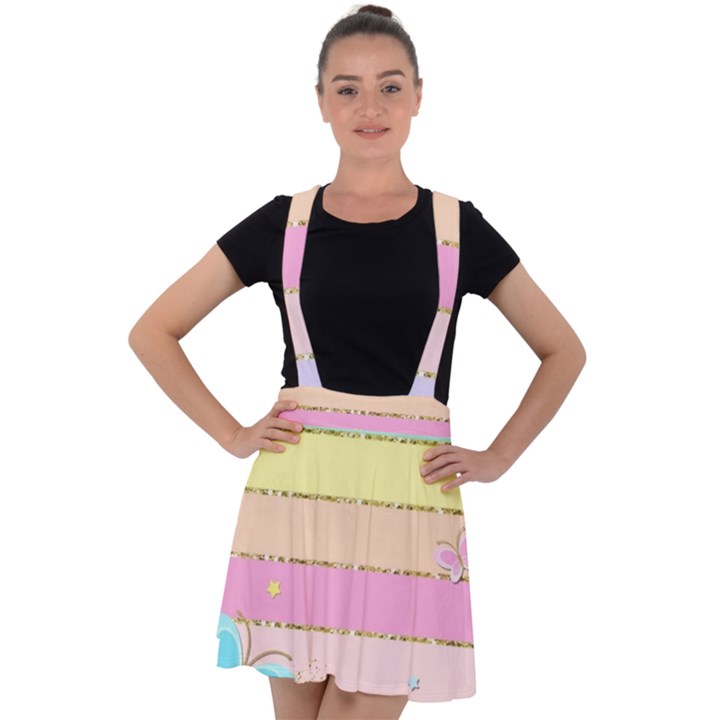 Pastel, Butterfly, Spring, Stripes, Velvet Suspender Skater Skirt