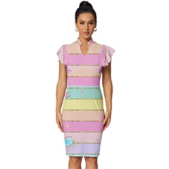 Pastel, Butterfly, Spring, Stripes, Vintage Frill Sleeve V-neck Bodycon Dress by kyorashop23