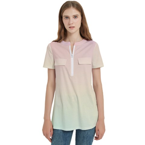 Rainbow Pastel, Purple, Gradient, Light, Led, Pink, Simple Women s Zip Front V-neck Short Sleeve Casual Top Pocket Shirt by kyorashop23