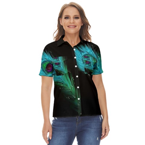 Shree Krishna, Feather, Lord, Rainbows Women s Short Sleeve Double Pocket Shirt by kyorashop23