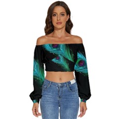 Shree Krishna, Feather, Lord, Rainbows Long Sleeve Crinkled Weave Crop Top by kyorashop23