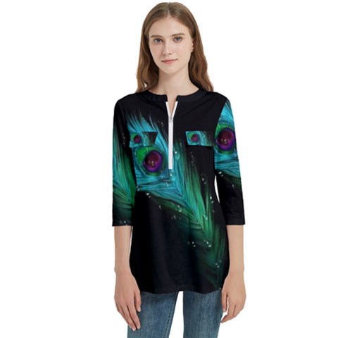 Shree Krishna, Feather, Lord, Rainbows Women s Zip Front V-neck 3/4 Sleeve Casual Top Pocket Shirt by kyorashop23