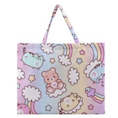 Usheen Carebears, Bears, Cat, Colorful, Cute, Pastel, Pattern Zipper Large Tote Bag by kyorashop23