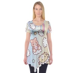 Usheen Carebears, Bears, Cat, Colorful, Cute, Pastel, Pattern Short Sleeve Tunic  by kyorashop23