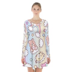 Usheen Carebears, Bears, Cat, Colorful, Cute, Pastel, Pattern Long Sleeve Velvet V-neck Dress