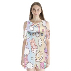 Usheen Carebears, Bears, Cat, Colorful, Cute, Pastel, Pattern Shoulder Cutout Velvet One Piece