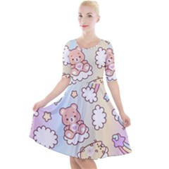 Usheen Carebears, Bears, Cat, Colorful, Cute, Pastel, Pattern Quarter Sleeve A-line Dress With Pockets by kyorashop23