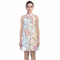 Usheen Carebears, Bears, Cat, Colorful, Cute, Pastel, Pattern Velvet Halter Neckline Dress 