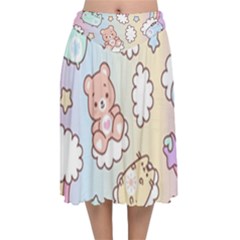 Usheen Carebears, Bears, Cat, Colorful, Cute, Pastel, Pattern Velvet Flared Midi Skirt