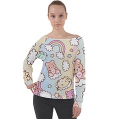 Usheen Carebears, Bears, Cat, Colorful, Cute, Pastel, Pattern Off Shoulder Long Sleeve Velour Top by kyorashop23