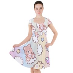 Usheen Carebears, Bears, Cat, Colorful, Cute, Pastel, Pattern Cap Sleeve Midi Dress With Pockets