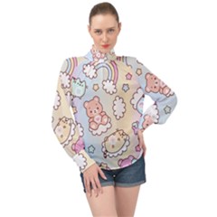 Usheen Carebears, Bears, Cat, Colorful, Cute, Pastel, Pattern High Neck Long Sleeve Chiffon Top by kyorashop23