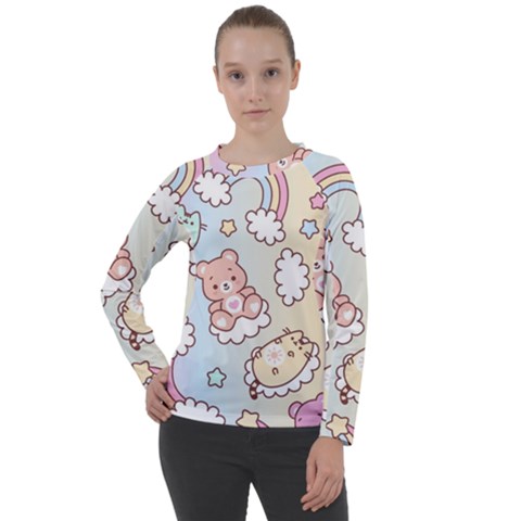 Usheen Carebears, Bears, Cat, Colorful, Cute, Pastel, Pattern Women s Long Sleeve Raglan T-shirt by kyorashop23