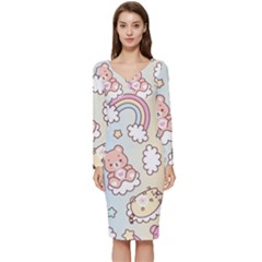 Usheen Carebears, Bears, Cat, Colorful, Cute, Pastel, Pattern Long Sleeve V-neck Bodycon Dress  by kyorashop23