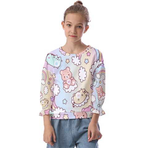 Usheen Carebears, Bears, Cat, Colorful, Cute, Pastel, Pattern Kids  Cuff Sleeve Top by kyorashop23