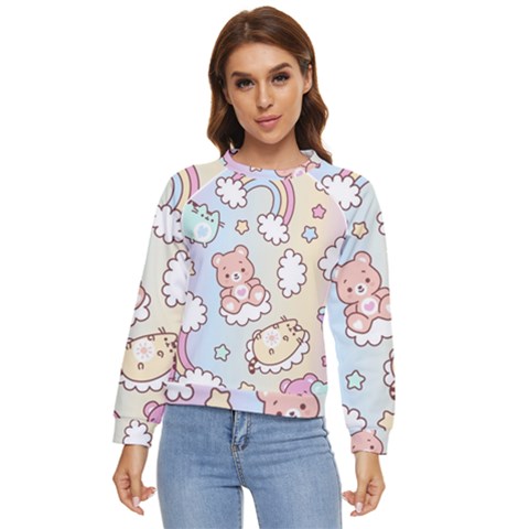 Usheen Carebears, Bears, Cat, Colorful, Cute, Pastel, Pattern Women s Long Sleeve Raglan T-shirt by kyorashop23