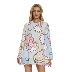 Usheen Carebears, Bears, Cat, Colorful, Cute, Pastel, Pattern Round Neck Long Sleeve Bohemian Style Chiffon Mini Dress by kyorashop23