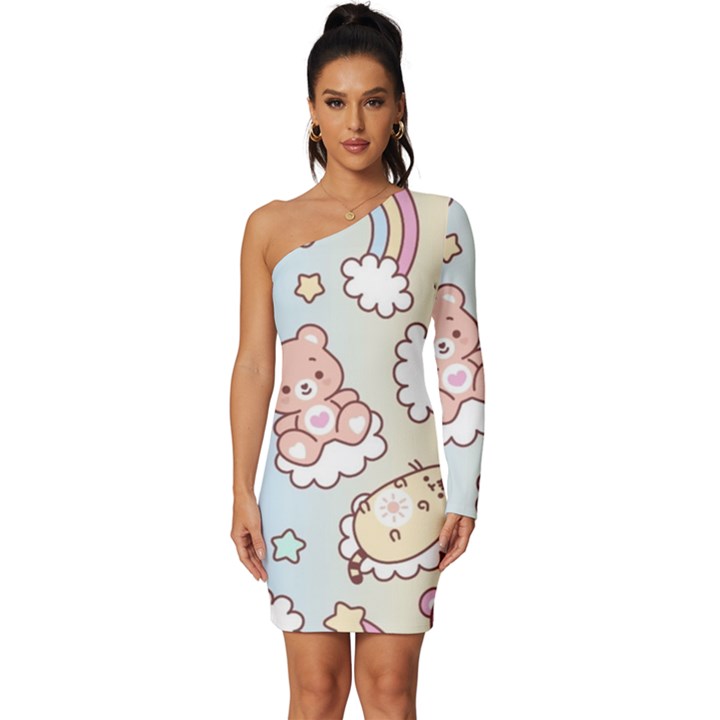 Usheen Carebears, Bears, Cat, Colorful, Cute, Pastel, Pattern Long Sleeve One Shoulder Mini Dress