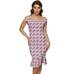 Fern Pattern 2 Pink Off Shoulder Ruffle Split Hem Bodycon Dress by snowwhitegirl