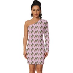 Fern Pattern 2 Pink Long Sleeve One Shoulder Mini Dress by snowwhitegirl