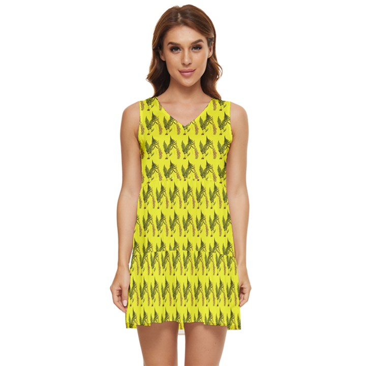 Fern Pattern 2 Yellow Tiered Sleeveless Mini Dress