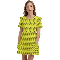 Fern Pattern 2 Yellow Kids  Frilly Sleeves Pocket Dress by snowwhitegirl