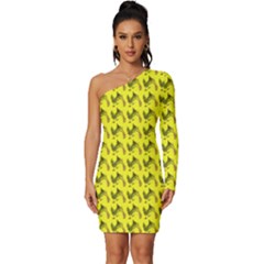 Fern Pattern 2 Yellow Long Sleeve One Shoulder Mini Dress by snowwhitegirl