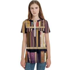 Books Bookshelves Office Fantasy Background Artwork Book Cover Apothecary Book Nook Literature Libra Women s Zip Front V-neck Short Sleeve Casual Top Pocket Shirt