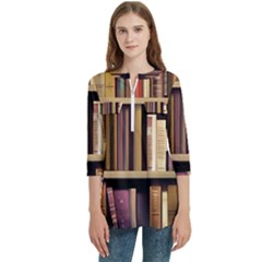 Books Bookshelves Office Fantasy Background Artwork Book Cover Apothecary Book Nook Literature Libra Women s Zip Front V-neck 3/4 Sleeve Casual Top Pocket Shirt