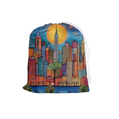 City New York Nyc Skyscraper Skyline Downtown Night Business Urban Travel Landmark Building Architec Drawstring Pouch (large) by Posterlux