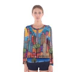 City New York Nyc Skyscraper Skyline Downtown Night Business Urban Travel Landmark Building Architec Women s Long Sleeve T-shirt