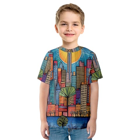 City New York Nyc Skyscraper Skyline Downtown Night Business Urban Travel Landmark Building Architec Kids  Sport Mesh T-shirt by Posterlux