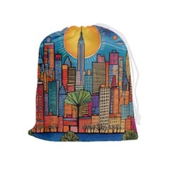 City New York Nyc Skyscraper Skyline Downtown Night Business Urban Travel Landmark Building Architec Drawstring Pouch (xl) by Posterlux