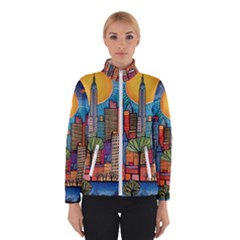 City New York Nyc Skyscraper Skyline Downtown Night Business Urban Travel Landmark Building Architec Women s Bomber Jacket