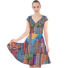 City New York Nyc Skyscraper Skyline Downtown Night Business Urban Travel Landmark Building Architec Cap Sleeve Front Wrap Midi Dress