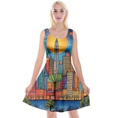 City New York Nyc Skyscraper Skyline Downtown Night Business Urban Travel Landmark Building Architec Reversible Velvet Sleeveless Dress