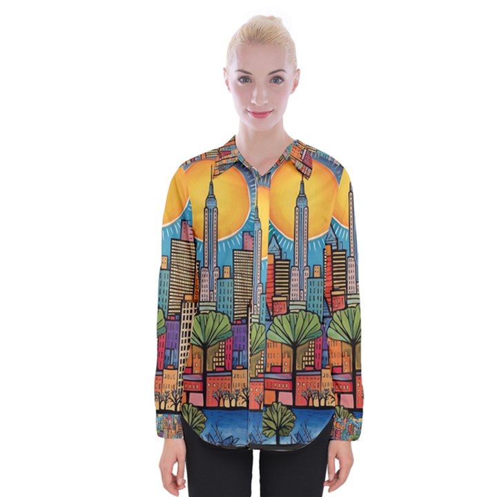 City New York Nyc Skyscraper Skyline Downtown Night Business Urban Travel Landmark Building Architec Womens Long Sleeve Shirt