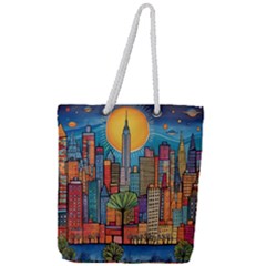 City New York Nyc Skyscraper Skyline Downtown Night Business Urban Travel Landmark Building Architec Full Print Rope Handle Tote (large) by Posterlux