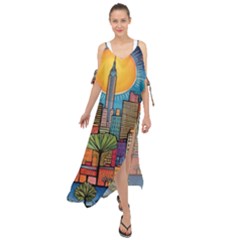 City New York Nyc Skyscraper Skyline Downtown Night Business Urban Travel Landmark Building Architec Maxi Chiffon Cover Up Dress by Posterlux