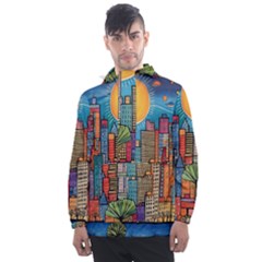 City New York Nyc Skyscraper Skyline Downtown Night Business Urban Travel Landmark Building Architec Men s Front Pocket Pullover Windbreaker by Posterlux