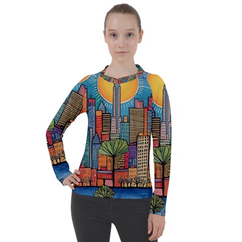 City New York Nyc Skyscraper Skyline Downtown Night Business Urban Travel Landmark Building Architec Women s Pique Long Sleeve T-shirt by Posterlux