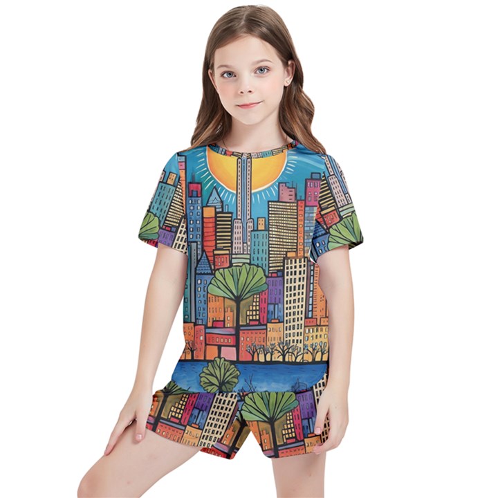 City New York Nyc Skyscraper Skyline Downtown Night Business Urban Travel Landmark Building Architec Kids  T-Shirt And Sports Shorts Set