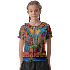 City New York Nyc Skyscraper Skyline Downtown Night Business Urban Travel Landmark Building Architec Kids  Frill Chiffon Blouse by Posterlux